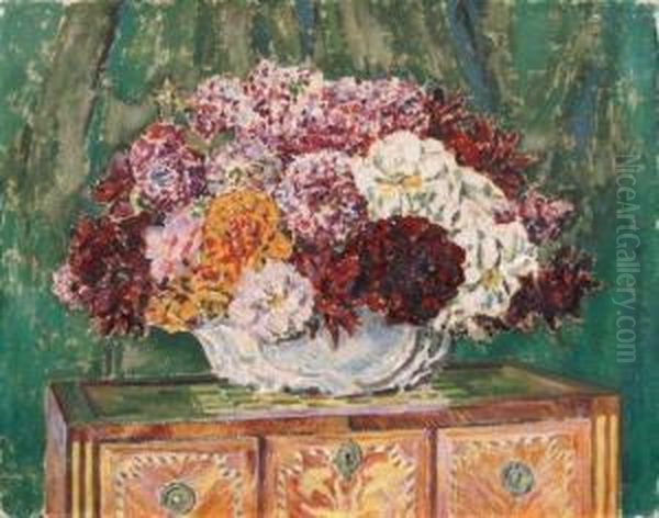 Nature Morte Au Vase D'hortensias Oil Painting by Augustin Carrera