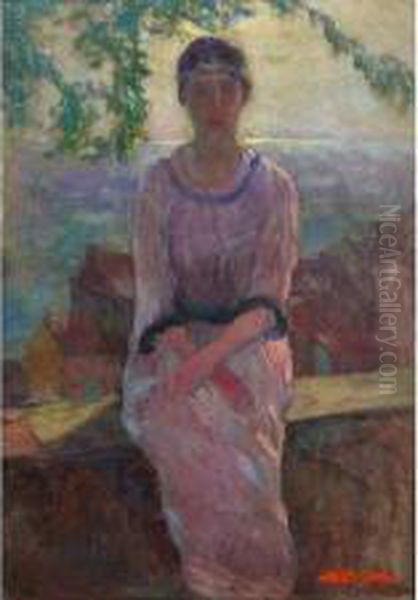 Jeune Femme Assise Sur Une Terrasse Oil Painting by Augustin Carrera