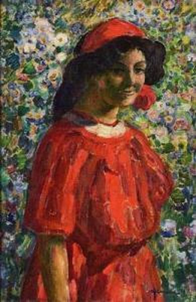 Jeune Fi Lle A La Robe Rouge. Circa 1910. by Augustin Carrera