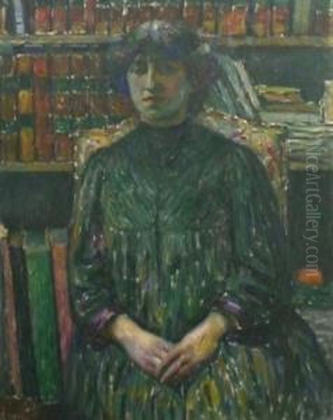 Portrait De Femme Dans Une Bibliotheque by Augustin Carrera