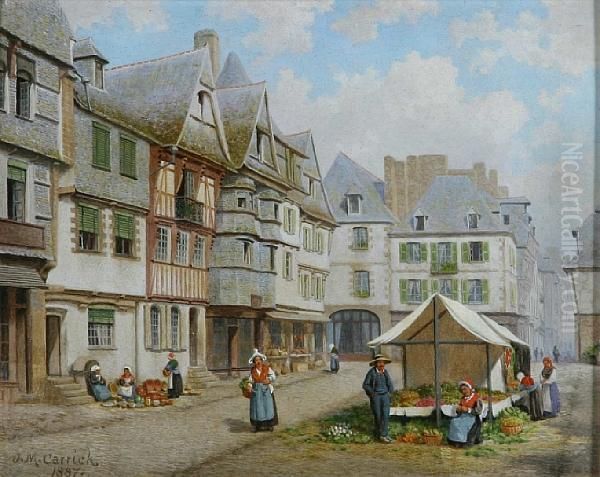 The Market Place, Lannion, Brittany Oil Painting by John Mulcaster Carrick