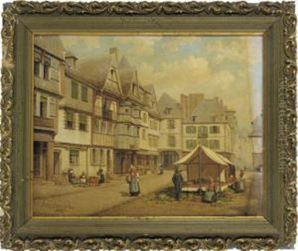 The Market Place At Lannion, Brittany Oil Painting by John Mulcaster Carrick