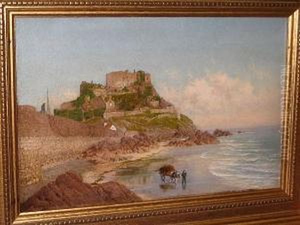 'mont Orgueil Castle, Jersey', A
 View Along The Beach Below The Castle, A Vraic Wagon To The Fore Oil Painting by John Mulcaster Carrick