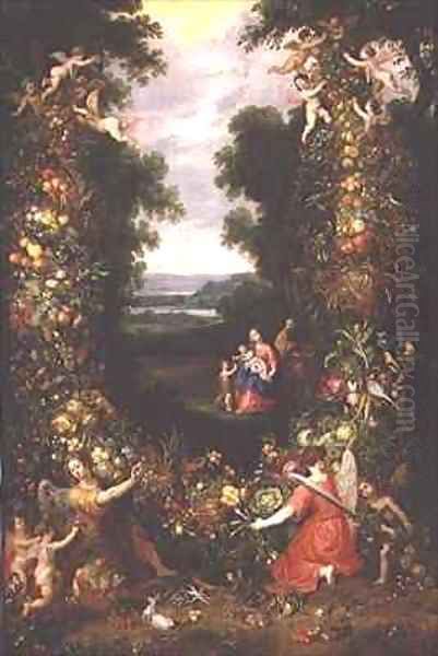 Holy Family in a landscape with a garland of fruit and vegetables Oil Painting by J. & Avont, P. van Brueghel