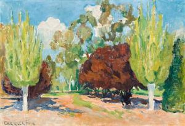 Poplars And Prunus Oil Painting by Ethel Carrick-Fox