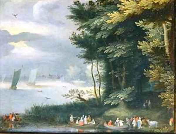 Banks of a Lake with Figures embarking in row-boats Oil Painting by Jan Frans van Bredael