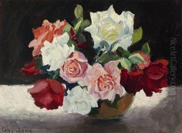 Bowl Of Roses Oil Painting by Ethel Carrick-Fox