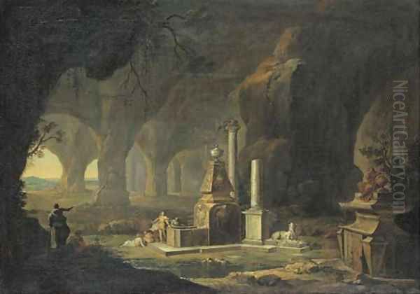 A grotto with figures by a fountain Oil Painting by Johann Georg Bohm