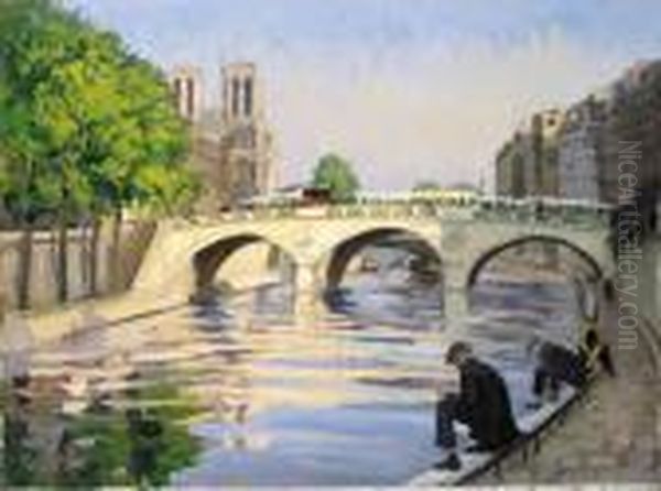 L'apres Midi Sur Le Quai Des Grands Augustins, Paris Oil Painting by Ethel Carrick-Fox