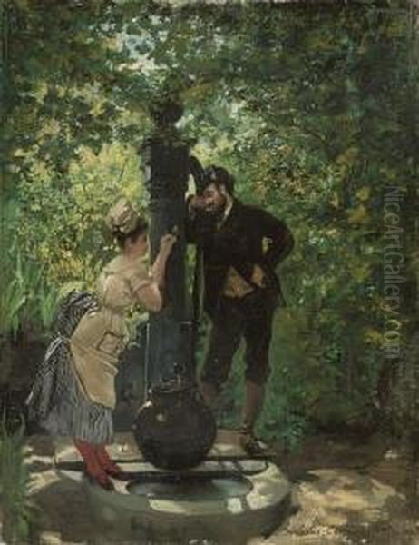 A Rendezvous At The Well Oil Painting by Pierre Carrier-Belleuse