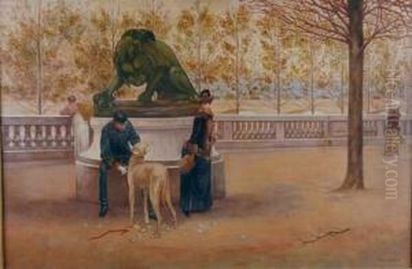 Soldat, Elegante Et Son Chien Dans Un Parc Oil Painting by Pierre Carrier-Belleuse