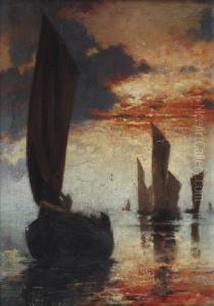 Bateaux Le Soir Au Soleil Couchant Oil Painting by Pierre Carrier-Belleuse