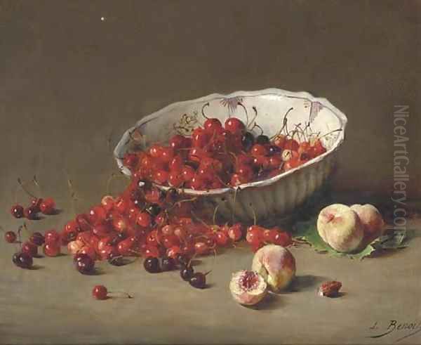 Peaches and cherries cascading from a French faience bowl Oil Painting by Leon-Alfred Benoit