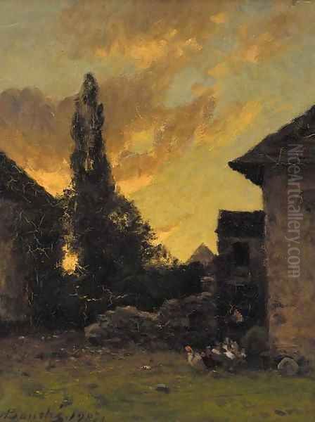 Poultry in a farmyard at sunset Oil Painting by Louis Alexandre Bouche