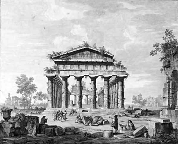 The temple of Juno at Paestum; and The Basilica at Paestum Oil Painting by Luigi Balugani