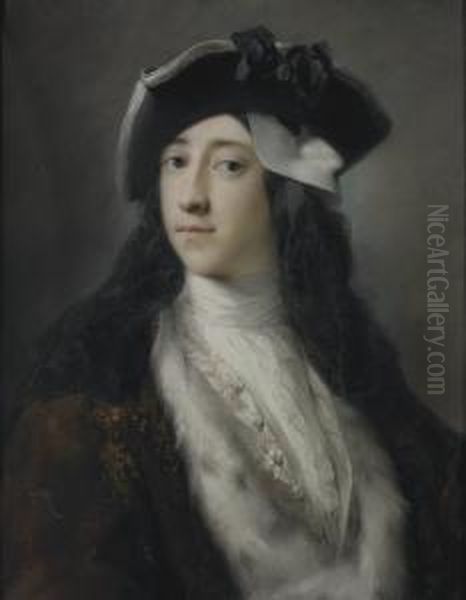 Portrait Of Gustavus Hamilton 
(1710-1746), 2nd Viscount Boyne, Longbust-length, Wearing An Ermine 
Trimmed Coat, Tricorn Hat Andmask Oil Painting by Rosalba Carriera