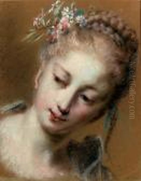 Tete De Jeune Fille Avec Des Fleurs Dans Ses Cheveux Tresses Oil Painting by Rosalba Carriera