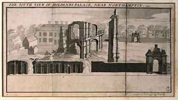 South view of Holdenby House and ruins as seen in 1729 Oil Painting by Nathaniel and Samuel Buck