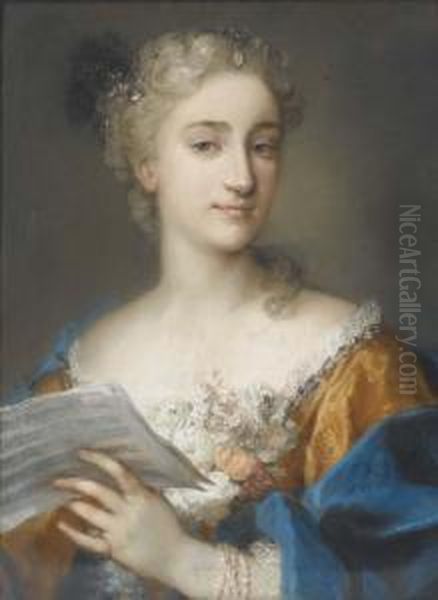 Portrait Of A Woman, Bust-length, Holding A Musical Score Oil Painting by Rosalba Carriera