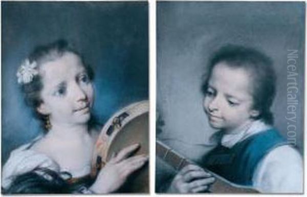 A Pair Of Portraits Of Children With Musical Instruments Oil Painting by Rosalba Carriera