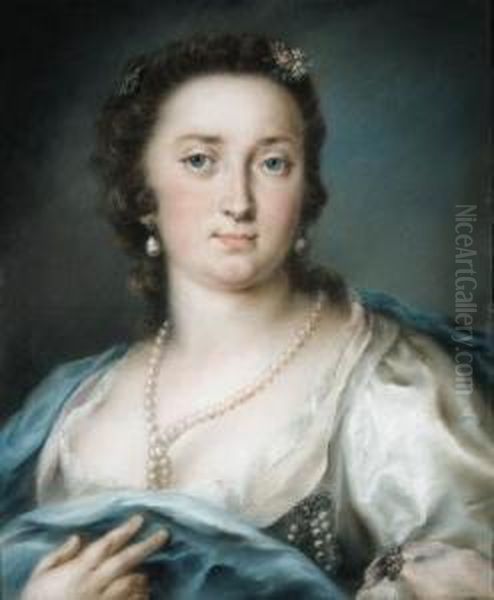 Portrait Of A Lady, Bust-length, In A Silver Dress With A Blueshawl Oil Painting by Rosalba Carriera