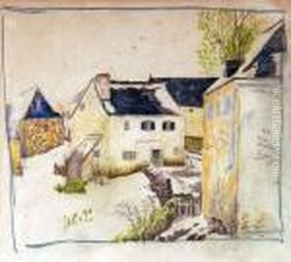 Annotated Preparatory Sketch Of Farm Buildings Oil Painting by Dora Carrington