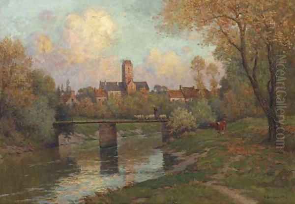 View of a town in autumn Oil Painting by Victor Brugairolles