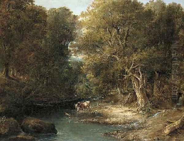 Cattle watering in a wooded landscape Oil Painting by William Bath