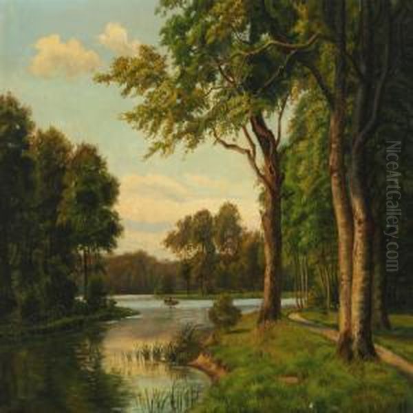 A Danish Summer Landscape With Rowing Boat On A Forestlake Oil Painting by Carsten Henrichsen