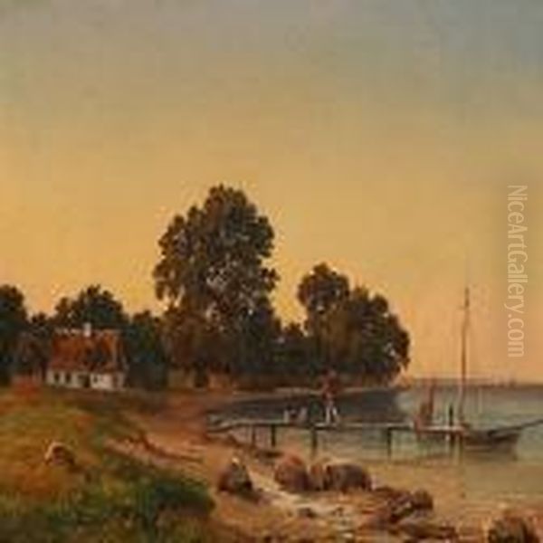 Coastal Scene With A Fisher Returning From The Sea Oil Painting by Carsten Henrichsen