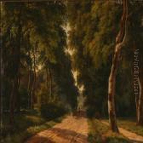 Forest Scene With A Farmer On His Horse Cart Oil Painting by Carsten Henrichsen