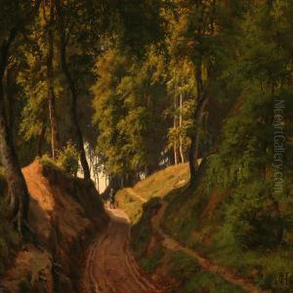 A Hunter On A Forest Road Near Orholm, Denmark Oil Painting by Carsten Henrichsen