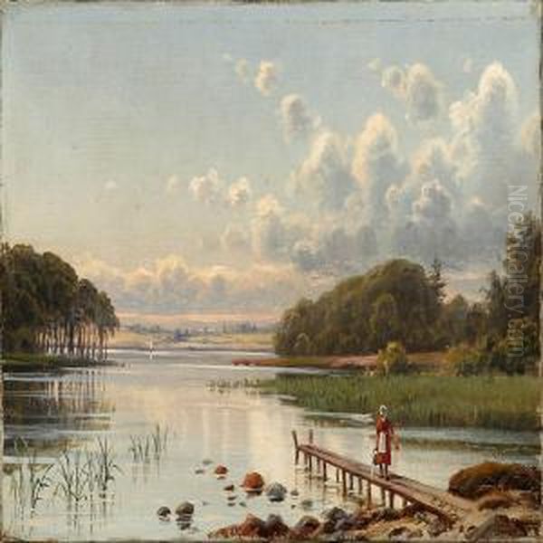 A Woman Carrying Water At The Shore Of Furesoen Lake, Denmark Oil Painting by Carsten Henrichsen