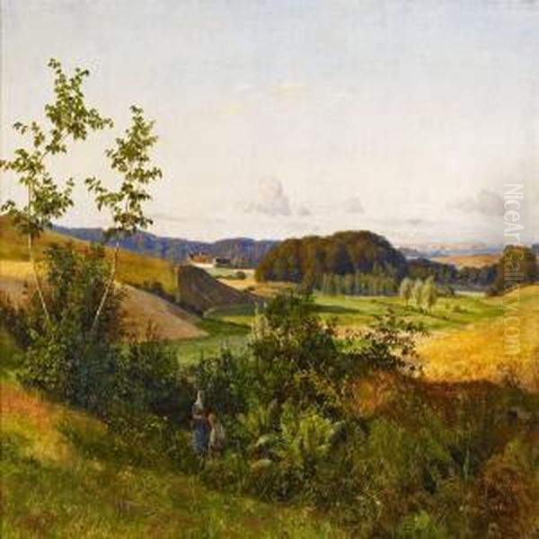 Danish Summerlandscape With Girl And Boy Oil Painting by Carsten Henrichsen