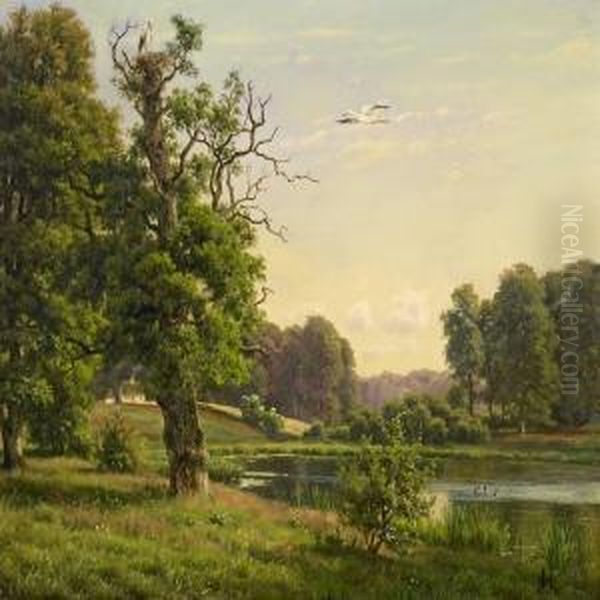 Scenery With Lakeand A Pair Of Nesting Storks Oil Painting by Carsten Henrichsen