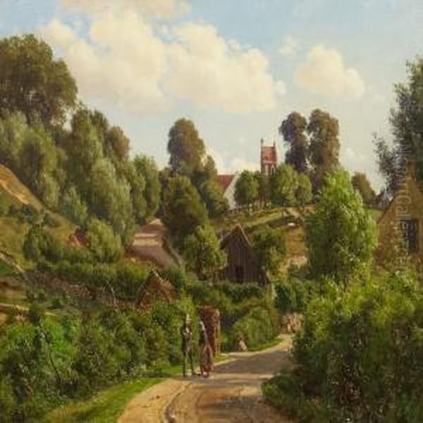 A Village Scenery With Man And Woman Talking, In The Background Church Oil Painting by Carsten Henrichsen