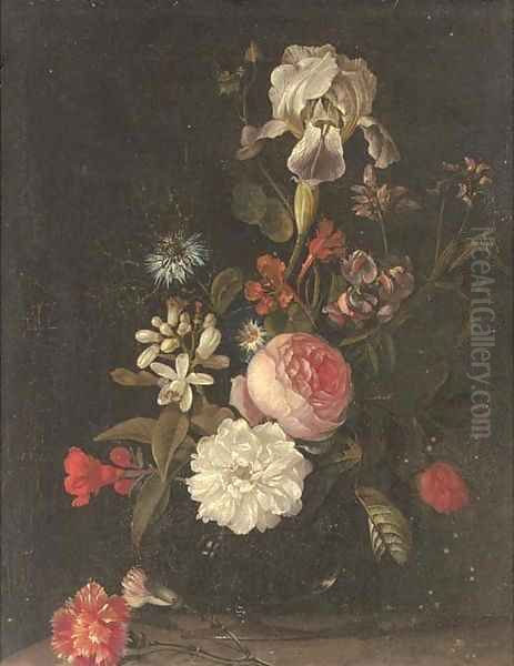 Carnations, narcissi, roses, an iris and other flowers in a glass vase on a ledge Oil Painting by Elias van den Broeck