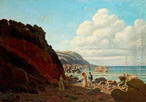 View From A Rocky Coast With Persons. Signed C. H. 1881 Oil Painting by Carsten Henrichsen