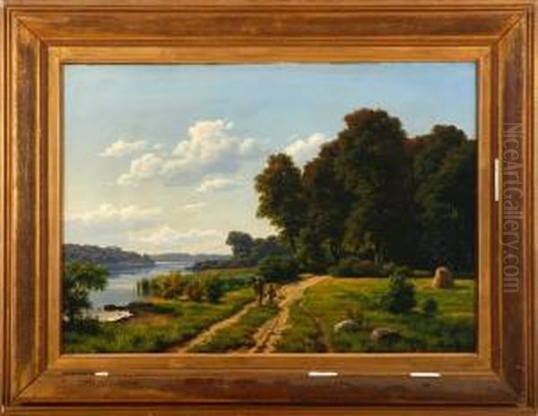 A Summer Day With A Lake And Ramblers. Signed Mono C. H. Dated 1868 Oil Painting by Carsten Henrichsen