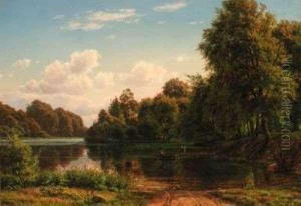 A Wooded River Landscape With A Fisherman And Figures By A Landingstage Oil Painting by Carsten Henrichsen