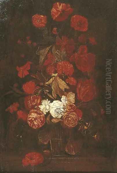 Roses and other flowers in a glass vase on a ledge Oil Painting by Elias van den Broeck