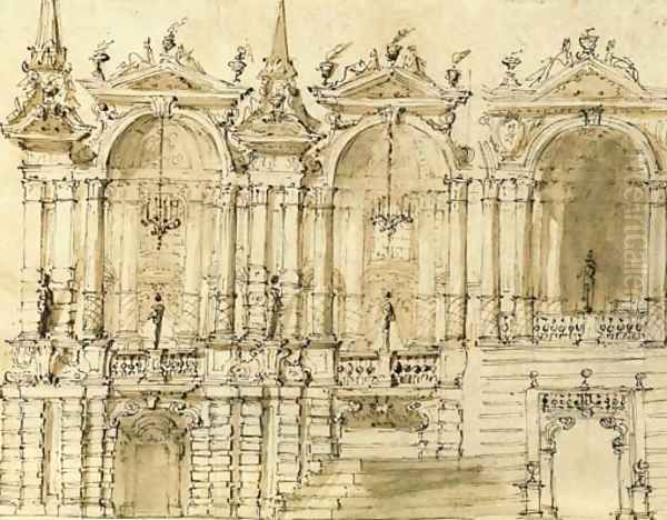 Design for an elaborate facade with three bays Oil Painting by Ferdinando Galli Bibiena