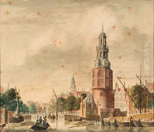 A view of the Oude Schans with the Montelbaanstoren, Amsterdam, the tower of the Zuiderkerk beyond Oil Painting by Jan De Beijer