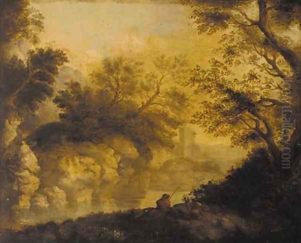 An angler in a wooded river landscape, a ruined castle beyond Oil Painting by John Butts