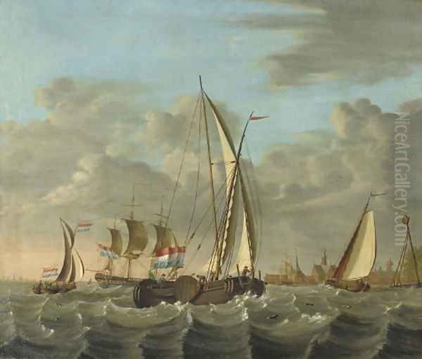 Shipping on choppy waters near the coast with a village beyond Oil Painting by Nicolaas Baur