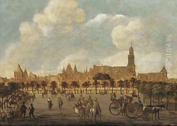 Figures in a park, Utrecht with the Dom Kerk and the Buurkerk beyond Oil Painting by Sybrand Van Beest