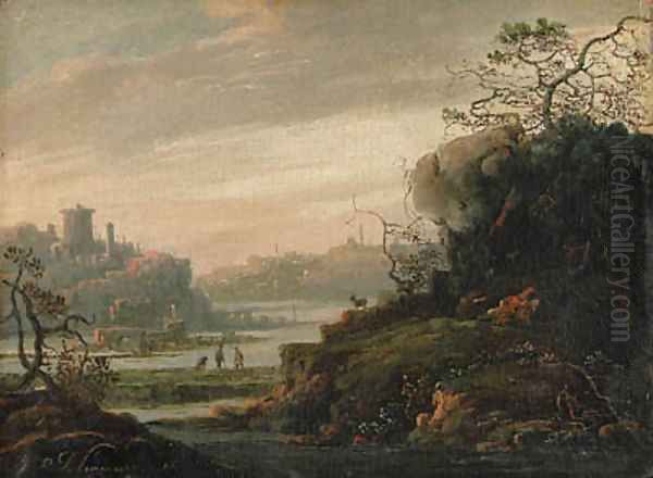 An extensive River Landscape Oil Painting by Adriaen Bloemaert