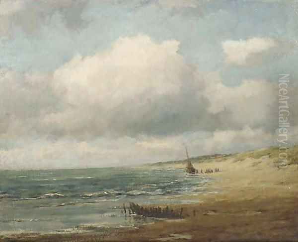 Aan het Noordzeestrand beach with a Bomschuit Oil Painting by Carl August Breitenstein