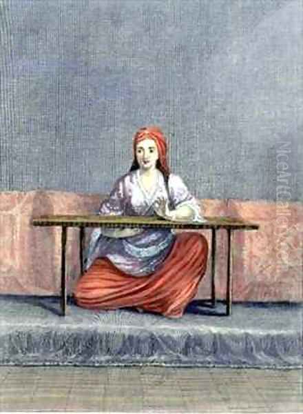 Turkish Woman Embroidering Oil Painting by Claude du Bose