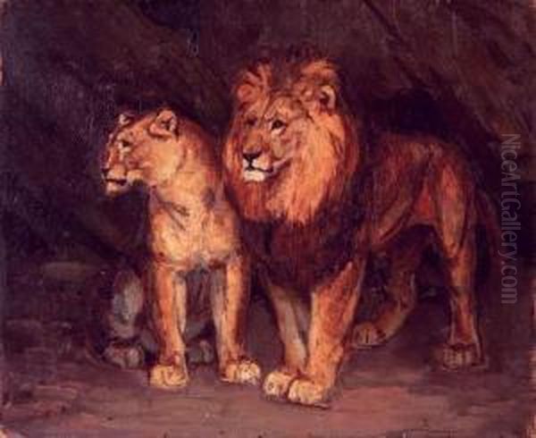 Lion Et Lionne A L'arret Oil Painting by Eugene Cartier